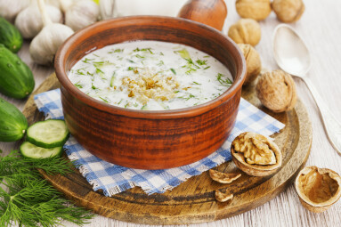 Tarator,,Bulgarian,Sour,Milk,Soup,In,An,Orange,Bowl