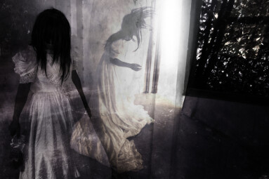 Fear,Night,ghost,In,Haunted,House,mysterious,Woman,In,White,Dress,Standing