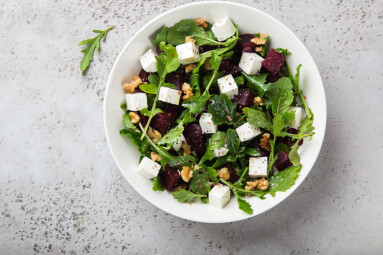 Beetroot,,Arugula,,Feta,Cheese,And,Walnut,Salad,,Top,View