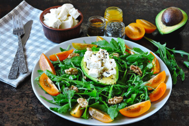 Healthy,Fitness,Salad,With,Arugula,,Avocado,,Feta,And,Yellow,Cherry