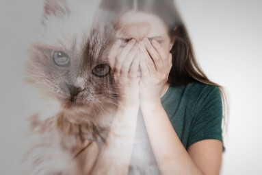 Woman,Suffering,From,Ailurophobia,On,White,Background.,Irrational,Fear,Of