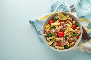 Pasta,Salad,With,Tuna,Fish,And,Vegetables.,Healthy,Pasta,Meal.