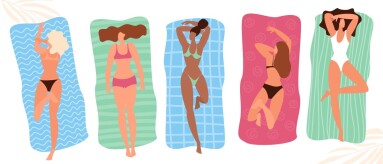 Flat,Design,Young,Woman,Relaxing,At,The,Beach,,Poses,And