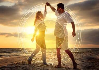 Horoscope,Compatibility.,Loving,Couple,On,Beach,At,Sunset,And,Zodiac