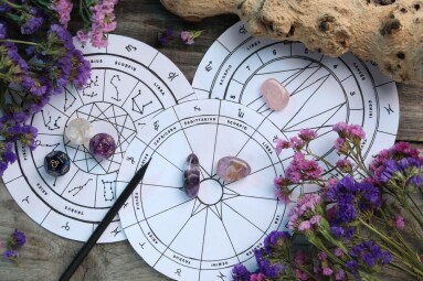 Flat,Lay,Composition,With,Zodiac,Wheels,And,Astrology,Dices,On