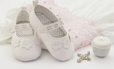 Pair,Of,White,Baby,Shoes,On,Embroidered,Christening,White,Dress,