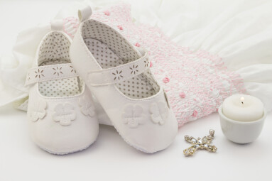 Pair,Of,White,Baby,Shoes,On,Embroidered,Christening,White,Dress,