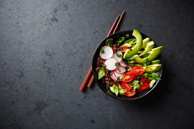 Red,Quinoa,Buddha,Bowl,With,Avocado,,Radish,,Spring,Onion,,Cherry