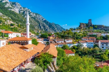 Aerial,View,Of,Kruja,Castle,And,Bazaar,,Albania