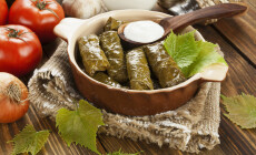 Dolma,From,Grape,Leaves,And,Minced,On,The,Wooden,Table