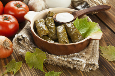 Dolma,From,Grape,Leaves,And,Minced,On,The,Wooden,Table