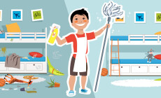 Little,Boy,With,A,Mop,And,Cleaning,Tools,In,Front