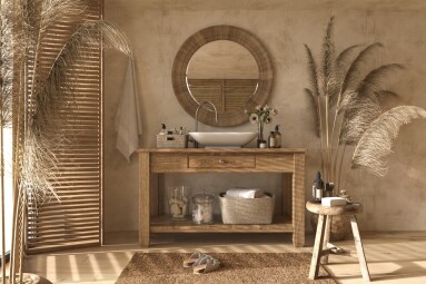 Boho,Scandinavian,Style,In,Home,Interior,Background.,Beige,Bathroom,With