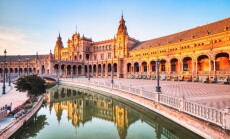 Plaza,De,Espana,In,Seville,During,Sunset,,Andalusia,,Spain