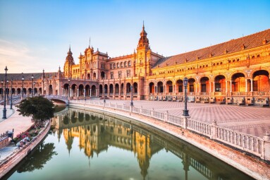 Plaza,De,Espana,In,Seville,During,Sunset,,Andalusia,,Spain