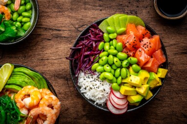 Poke,Bowls,For,Balanced,Diet,With,Vegetables,,Legumes,,Seafood,,Avocado