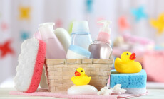 Baby,Accessories,For,Bathing,On,Table,On,Light,Background