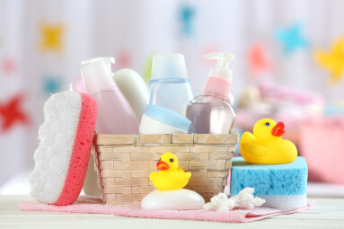 Baby,Accessories,For,Bathing,On,Table,On,Light,Background