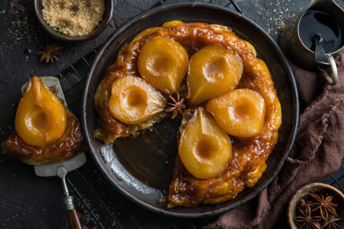 Pear,Tart,Tatin,,French,Caramel,Pear,Cake,,Dark,Background,,Top