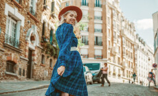 Happy,,Smiling,Woman,Wearing,Stylish,Autumn,Blue,Checkered,Dress,,Orange