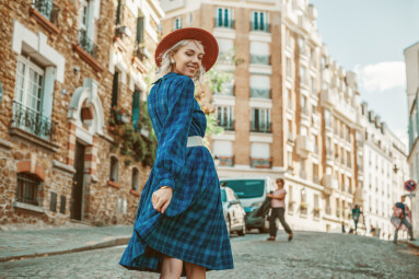 Happy,,Smiling,Woman,Wearing,Stylish,Autumn,Blue,Checkered,Dress,,Orange