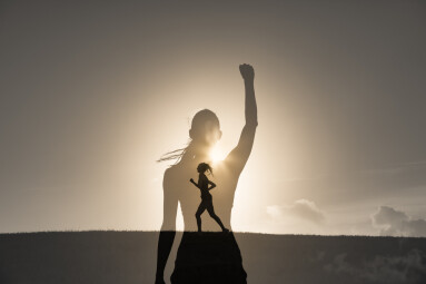 Double,Exposure,Of,Strong,Motivated,Woman,Running,In,The,Sunset.