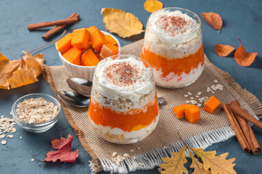 Pumpkin,Dessert,With,Cream,And,Cereals,On,A,Dark,Siam