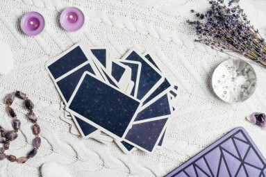 Tarot,Cards,Spread,Face,Down,On,White,Knitted,Surface,With