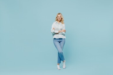 Full,Body,Elderly,Happy,Woman,50s,Wearing,Casual,Striped,Shirt