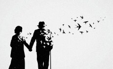 Elderly,Couple,Silhouette.,Death,And,Afterlife.,Flying,Swallows,Flock