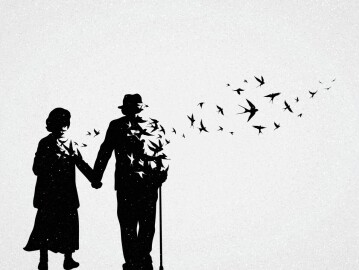 Elderly,Couple,Silhouette.,Death,And,Afterlife.,Flying,Swallows,Flock