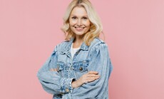 Elderly,Smiling,Happy,Confident,Woman,50s,Wearing,Denim,Jacket,Hold