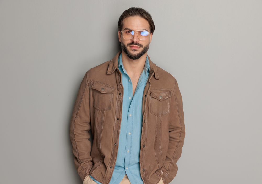 Portrait,Of,Casual,Man,Wearing,Brown,Leather,Jacket,And,Denim