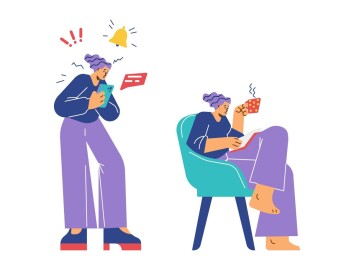 Stressed,Woman,With,Phone,And,Relaxed,With,Book,,Flat,Vector