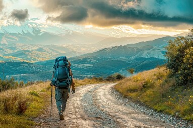 Lonely,Pilgrim,With,Backpack,Walking,The,Camino,De,Santiago,In