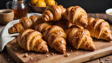 Brown,Crispy,Croissants,On,A,Wooden,Tray