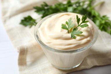 Bowl,With,Mayonnaise,On,Wooden,Background