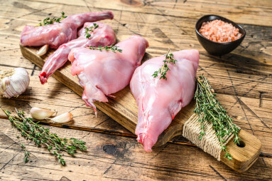 Raw,Rabbit,Legs,On,A,Cutting,Board.,Wooden,Background.,Top