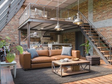 Industrial,Style,Loft,Apartment,With,Indoor,Balcony,,3d,Render