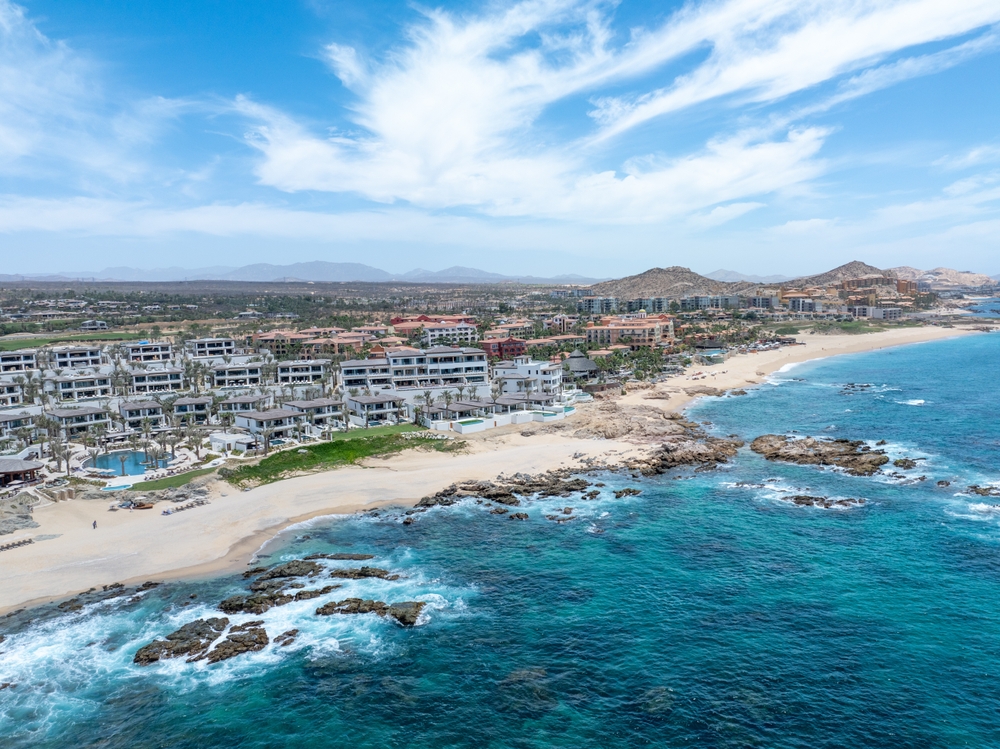 Aerial,View,Of,Tropical,Beach,With,Resorts,In,Cabo,San