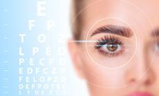 Beautiful,Female,Eye,In,Scanning,Circle,Closeup,And,Eyechart.,Ophthalmologist