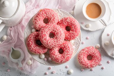 Homemade,And,Sweet,Pink,Donuts,And,Coffee,As,Best,Dessert.