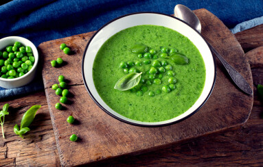 Green,Pea,Soup,On,Wooden,Rustic,Cutting,Board.,Top,View