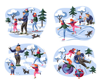 Family,Winter,Entertainment,Flat,Illustrations,Set.,Parents,With,Children,Playing