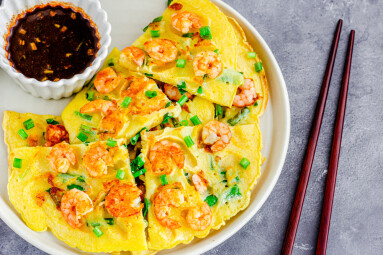 Korean,Shrimp,Pancake,Slices,With,Sauce,Close,Up,And,Top