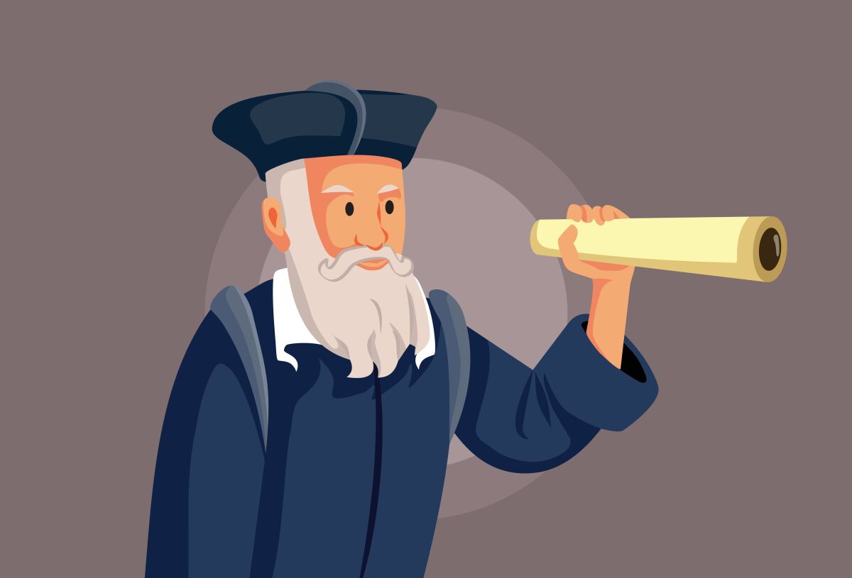 Astrologer,Nostradamus,Vector,Caricature,Illustration.,Michel,De,Nostredame,Seeing,Through