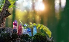 Colorful,Quartz,Gemstones,Towers,In,Forest,,Natural,Sunny,Background.,Minerals