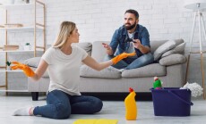 Quarrel,Over,Indifference,In,Family.,Wife,Sitting,On,Floor,Swears
