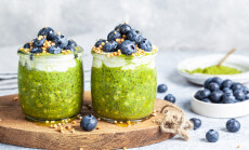 Overnight,Matcha,Chia,Oats,Are,Topped,With,Yogurt,And,Blueberries.