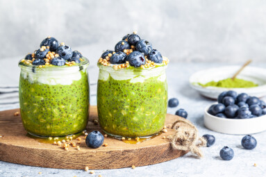 Overnight,Matcha,Chia,Oats,Are,Topped,With,Yogurt,And,Blueberries.